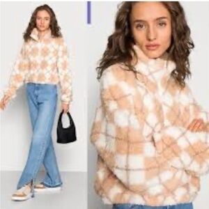 HOLLISTER 1/4 Zip Argyle Cropped Cozy Sherpa Pullover Sweatshirt Size XS Plush